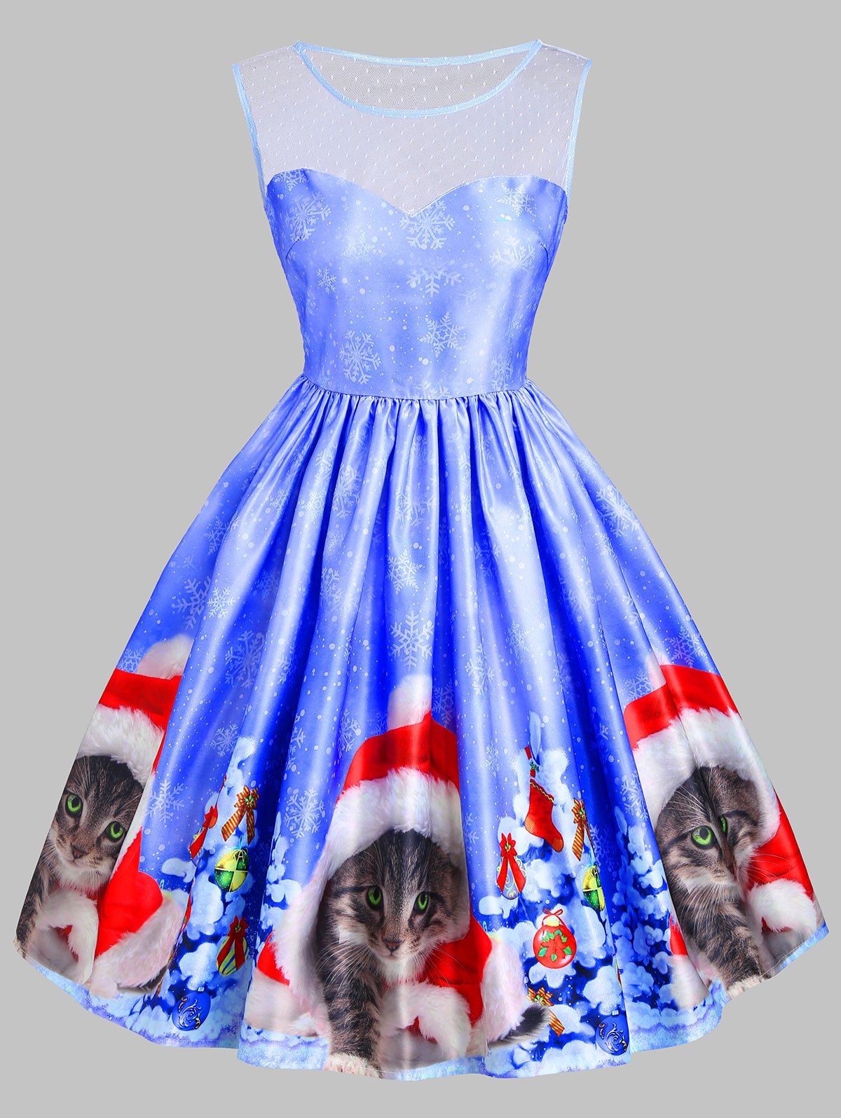 

Christmas Cat Snowflake Mesh Insert Dress, Blue