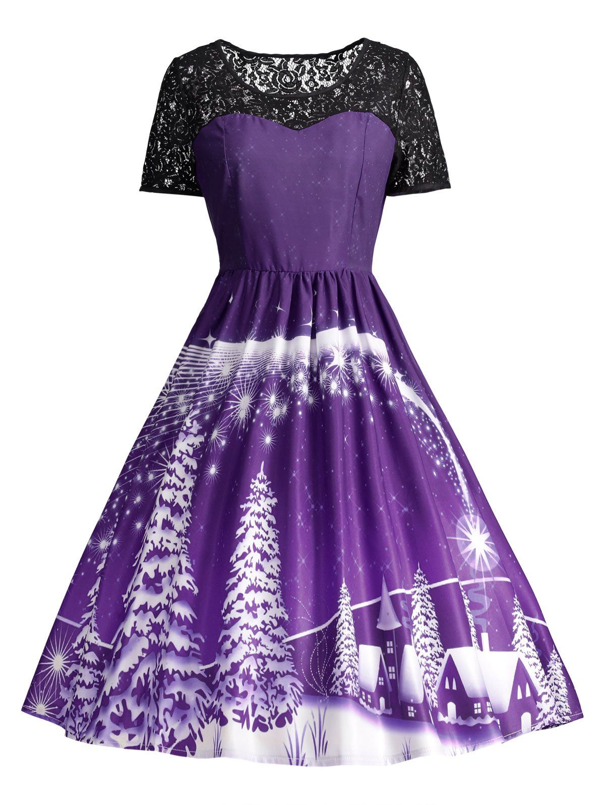 

Ugly Christmas Party Lace Trim Vintage Dress, Purple