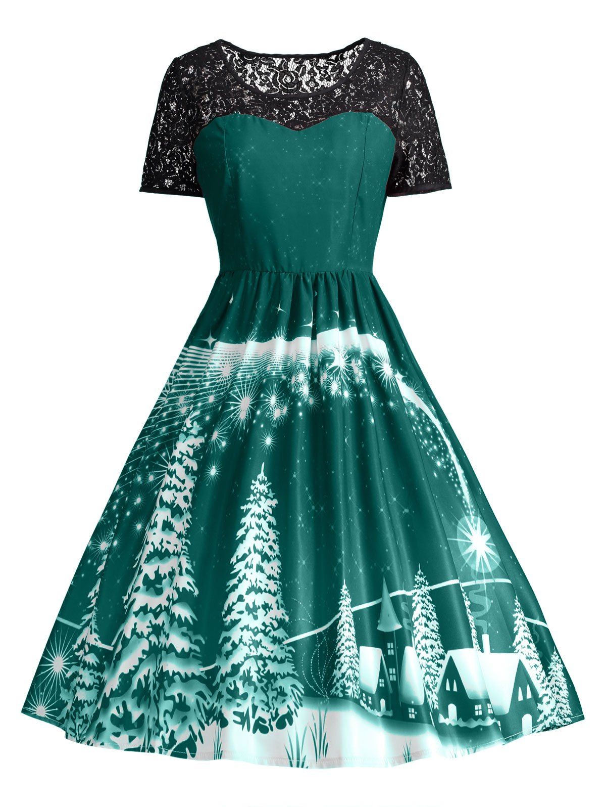 

Print Lace Trim Vintage Party Dress, Green