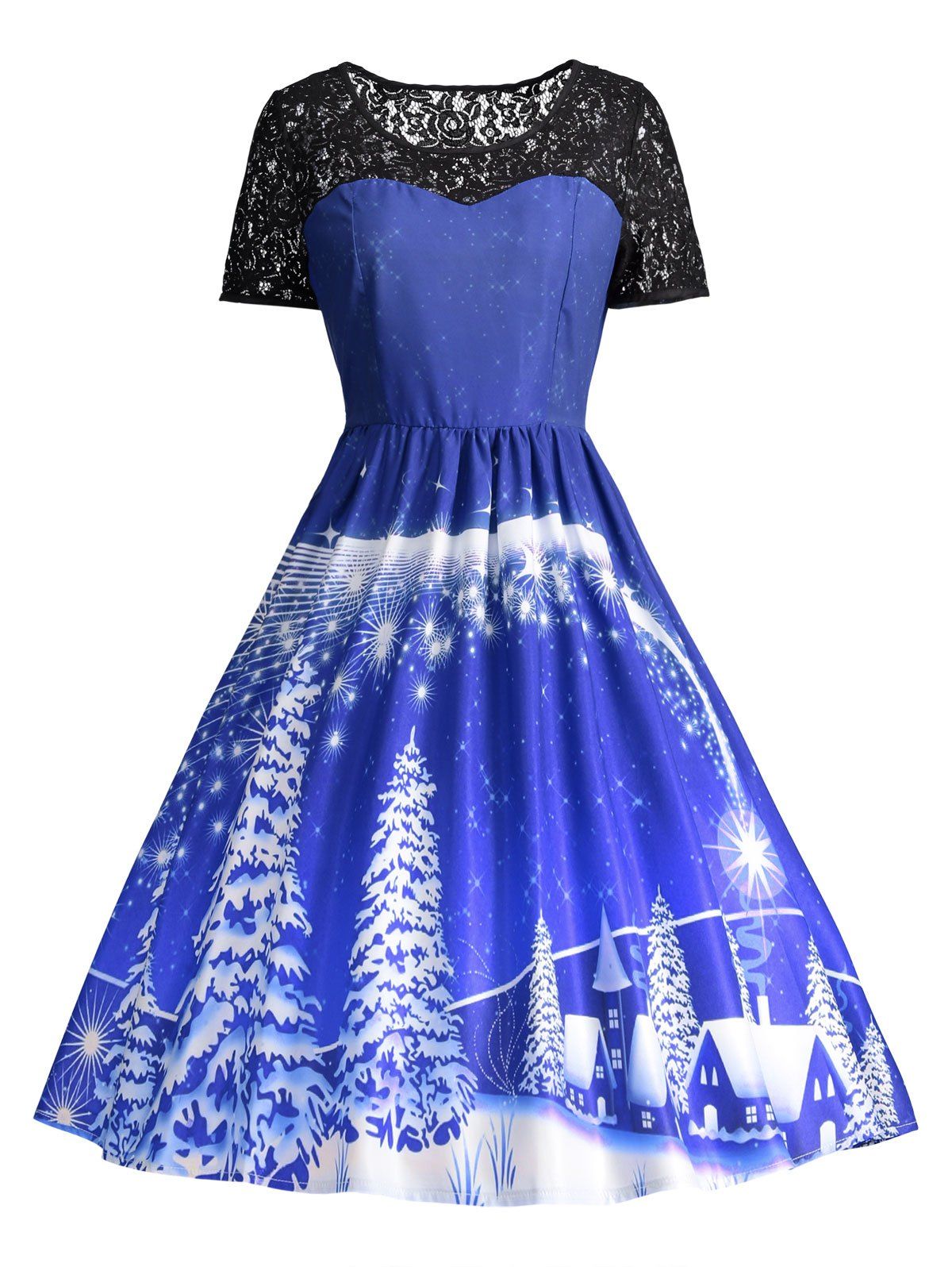 

Ugly Christmas Party Lace Trim Vintage Dress, Blue