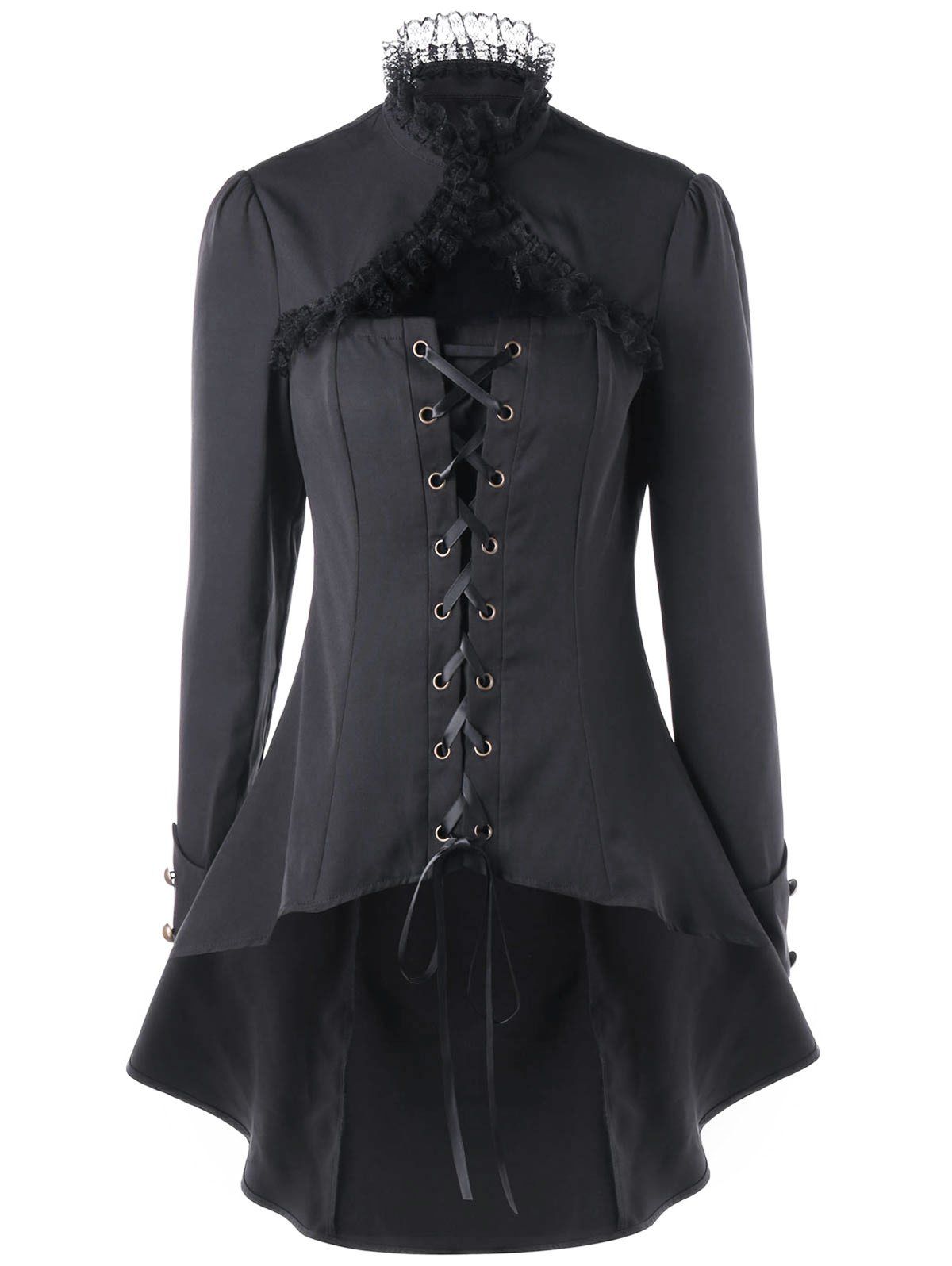 

Lace Up Lace Trim Dip Hem Top, Black