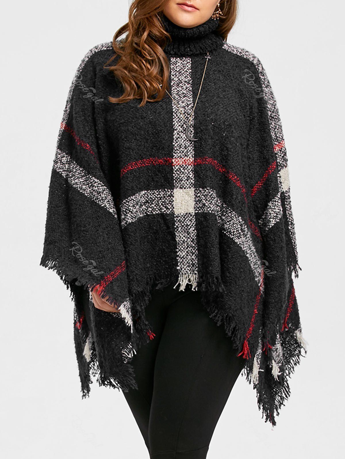 

Asymmetric Turtleneck Plus Size Print Cape Sweater, Black