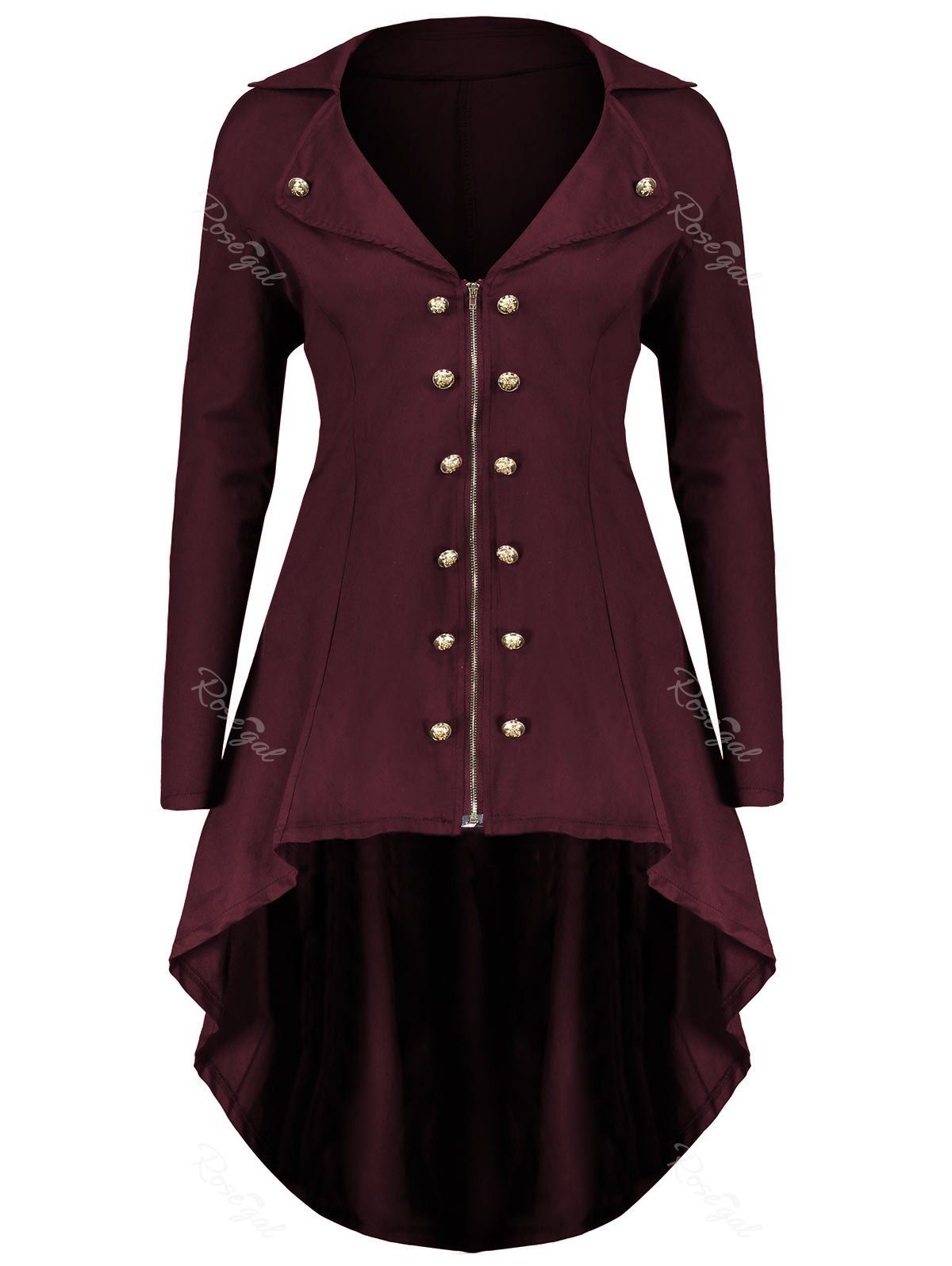 

Lapel Double Breast Plus Size High Low Coat, Wine red