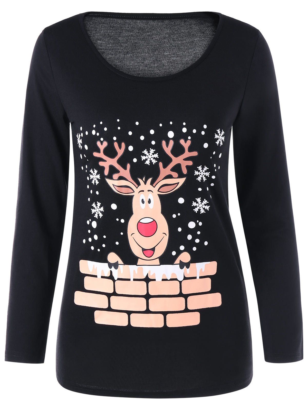 

Christmas Cartoon Reindeer Long Sleeve Top, Black