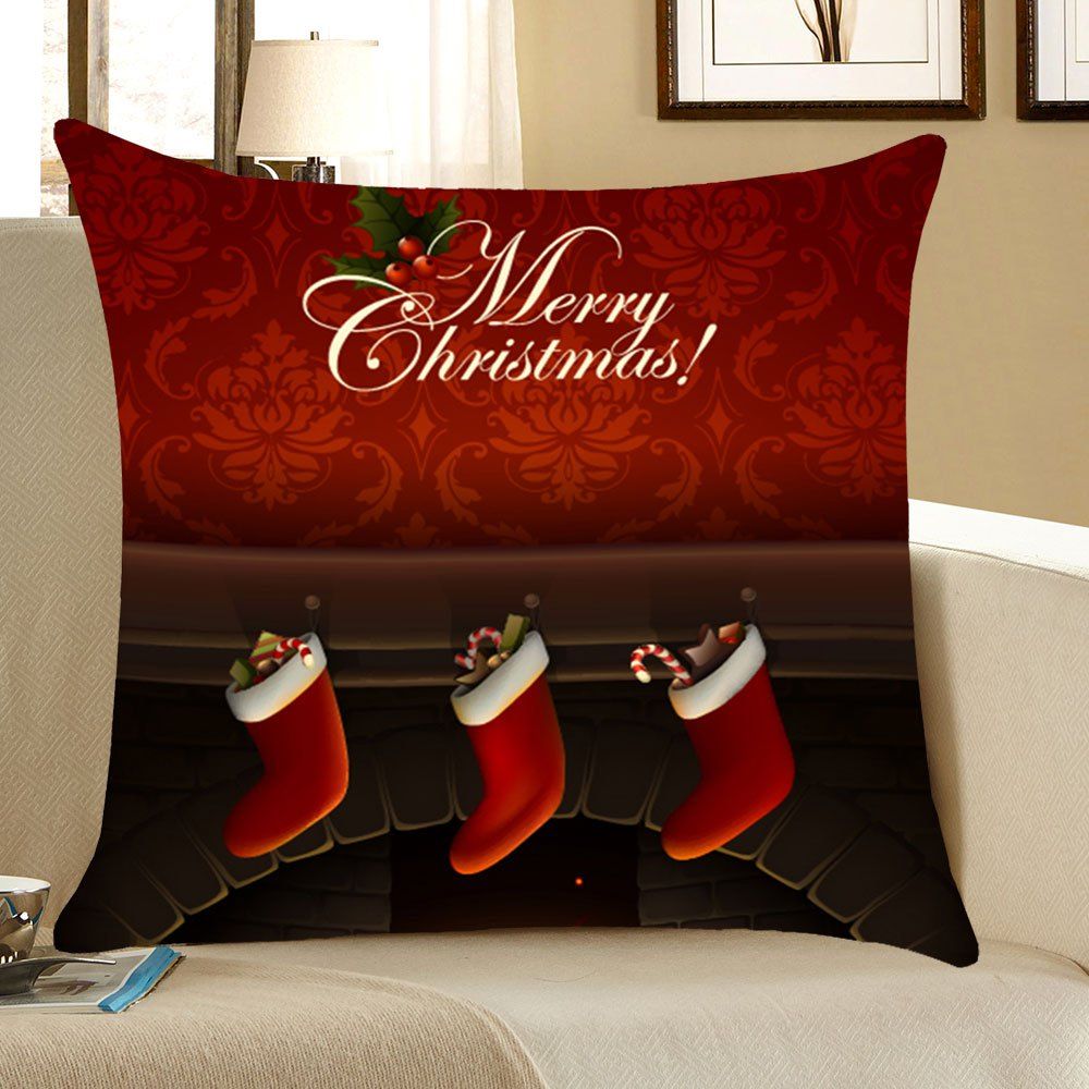 

Christmas Fireplace Printed Linen Throw Pillow Case, Dark red
