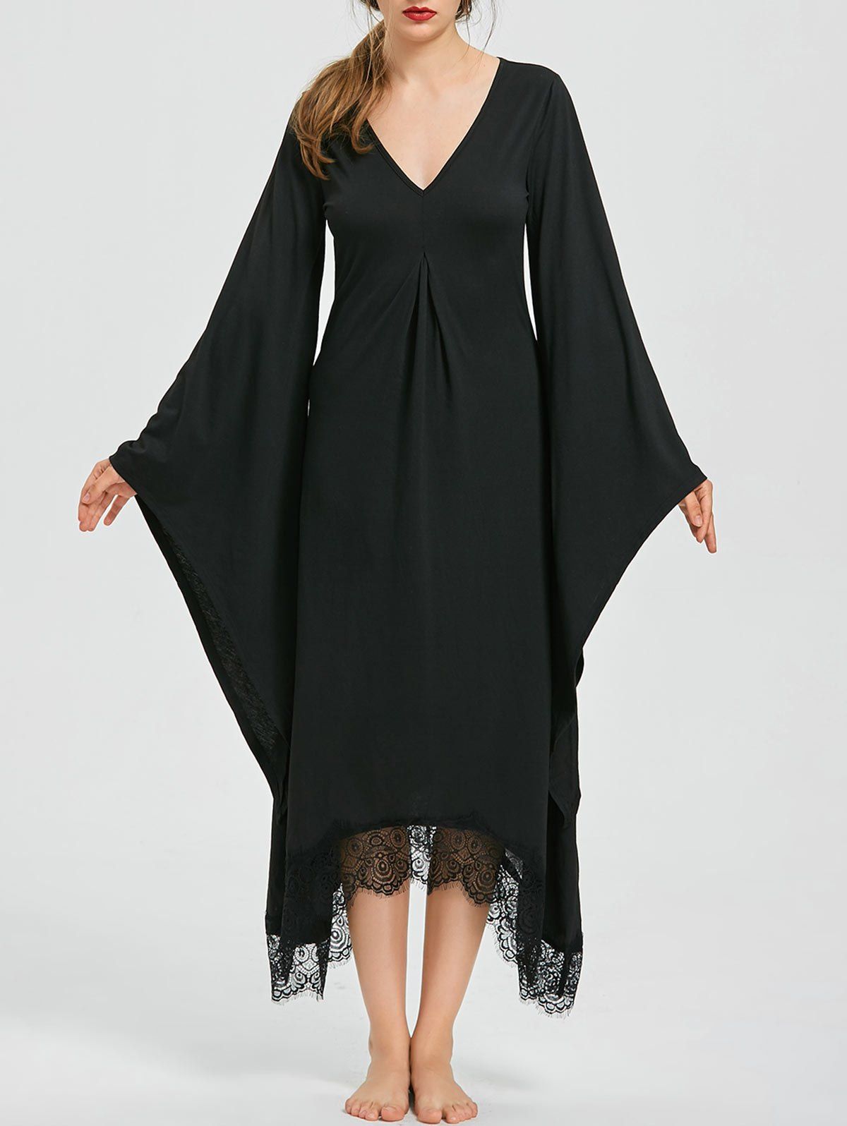 Halloween V Neck Bell Sleeve Longline Dress, Black