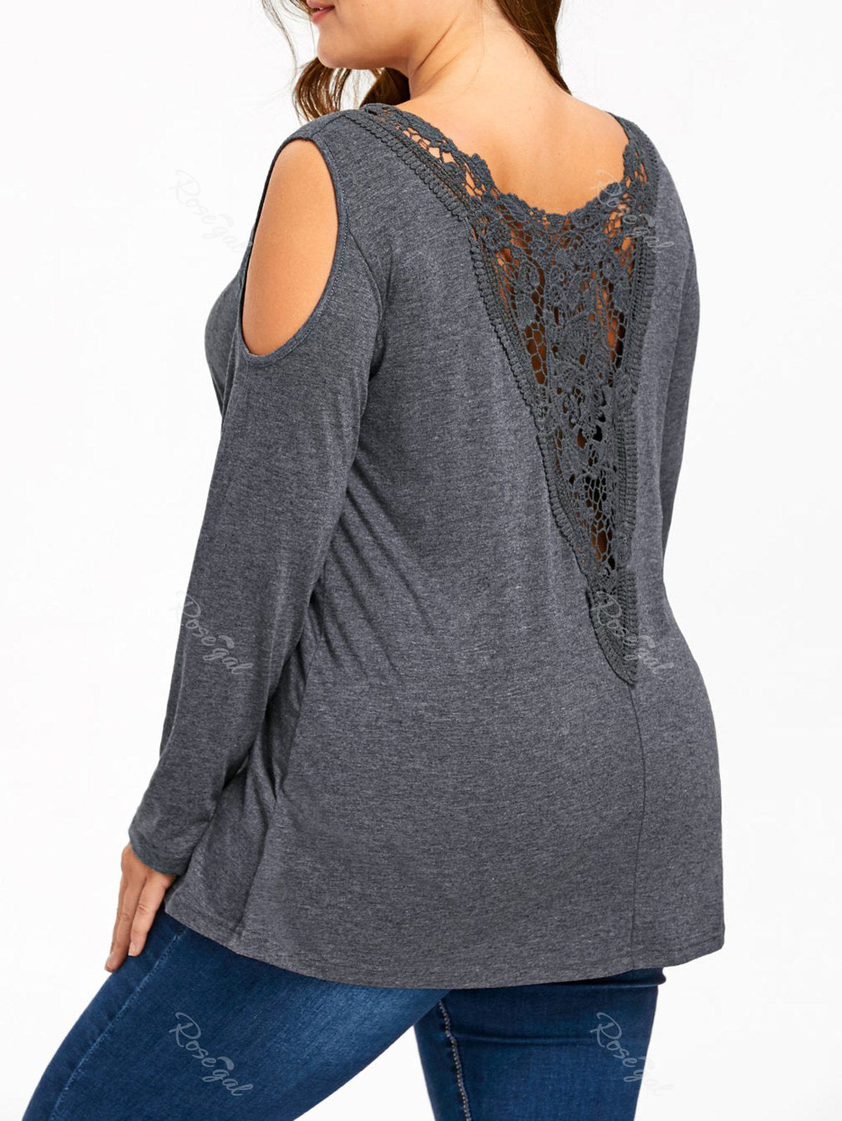 

Plus Size Long Sleeve Lace Panel Cut Out T-shirt, Gray