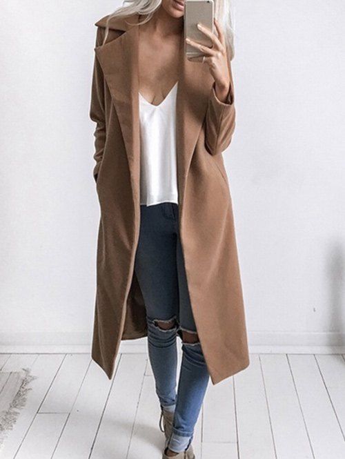 

Lapel Duster Coat with Pockets, Khaki