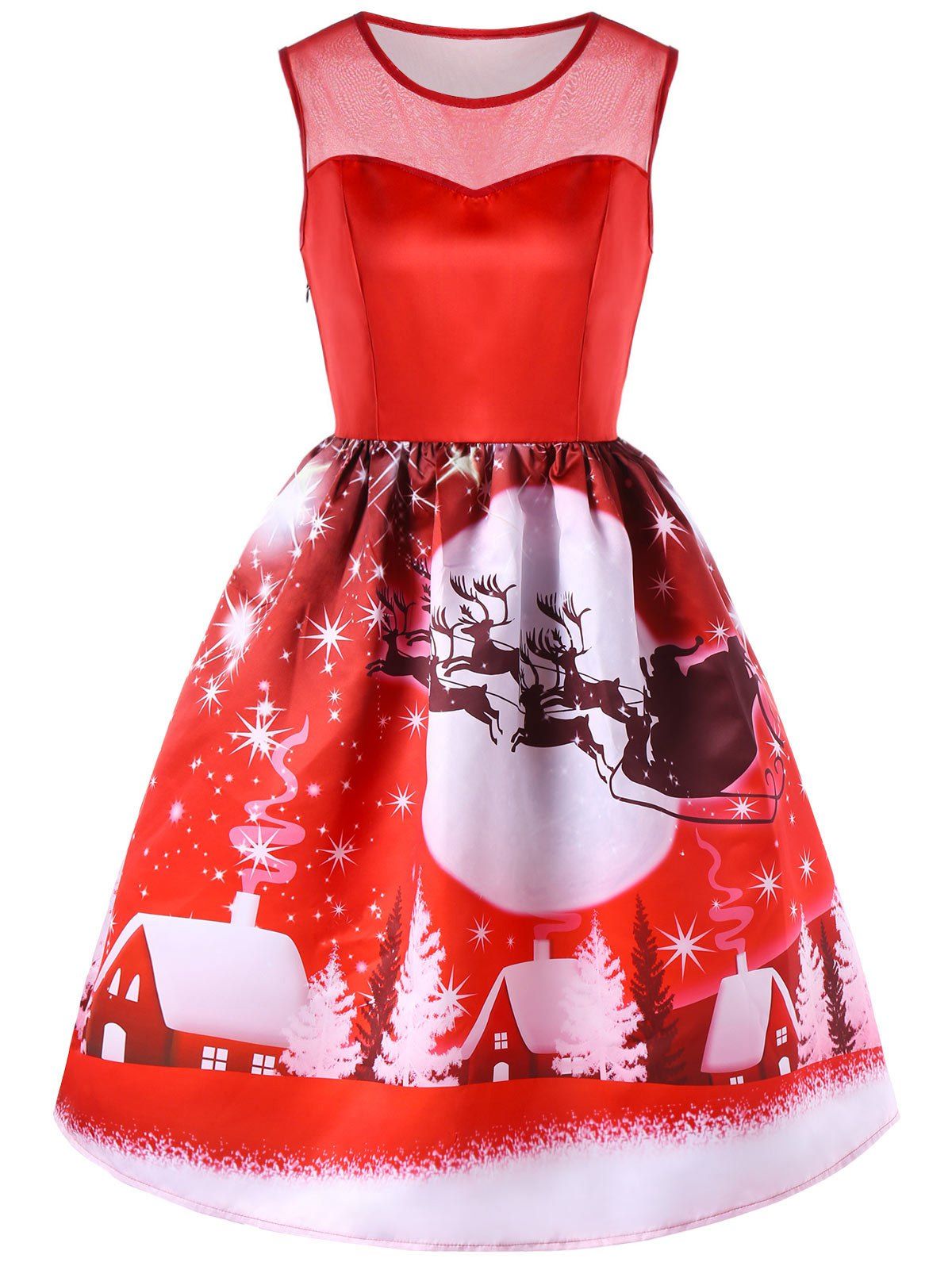 

Christmas Printed Mesh Insert Sleeveless Dress, Red