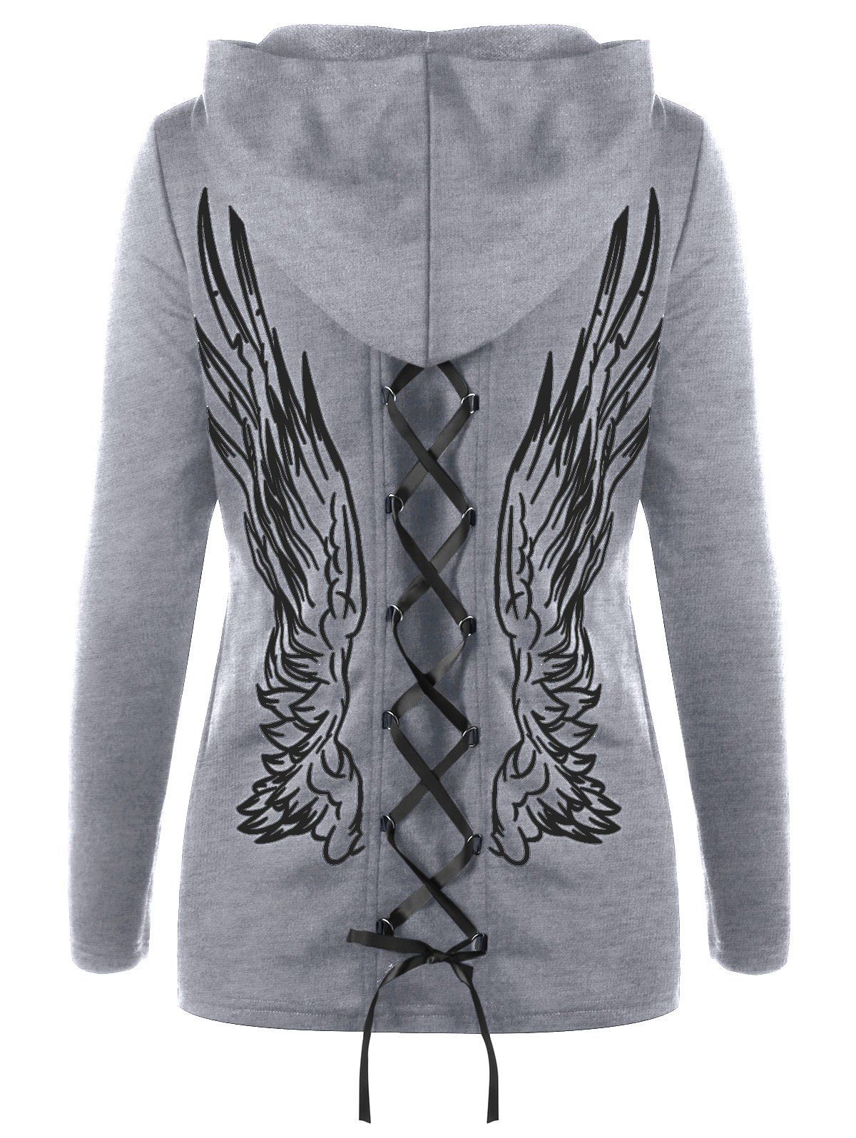 

Zip Up Wings Print Double Lace-up Hoodie, Gray