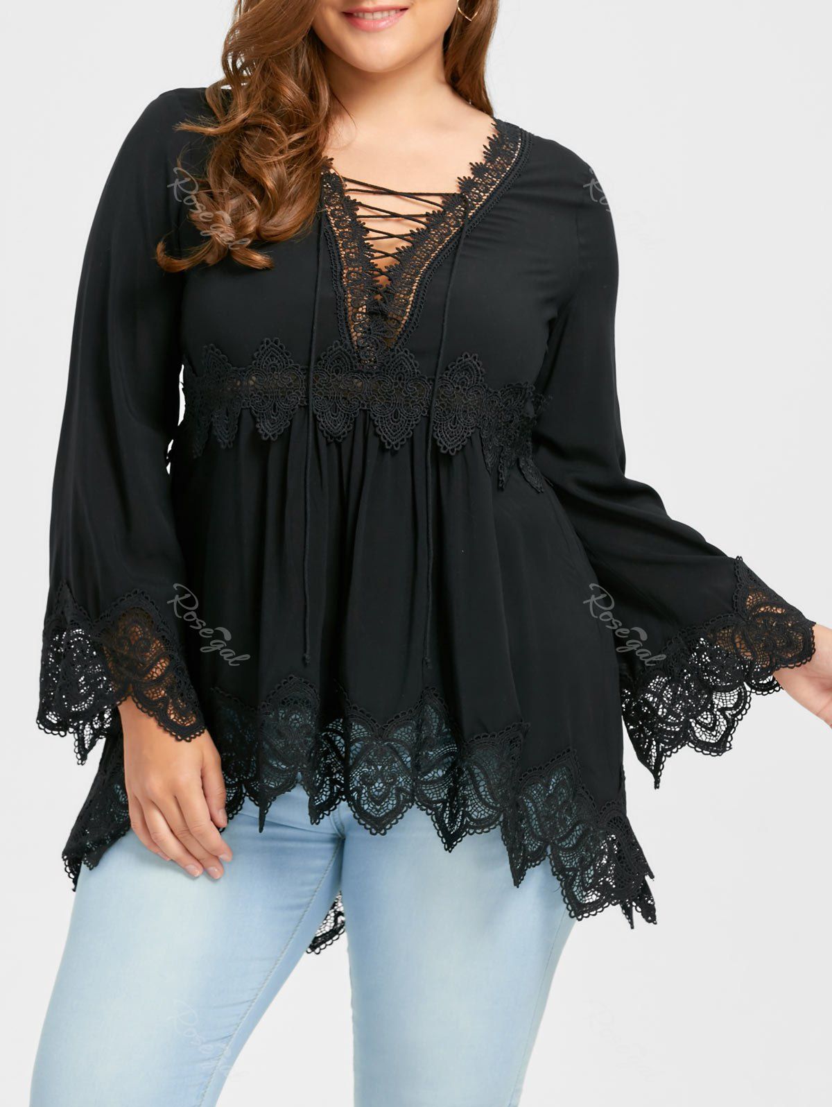 

Plus Size Lace Up Flare Sleeve Plunging Blouse, Black