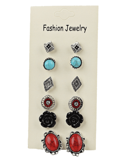 

Vintage 6 Pairs of Boho Faux Gem Assorted Stud Earrings, Pattern a