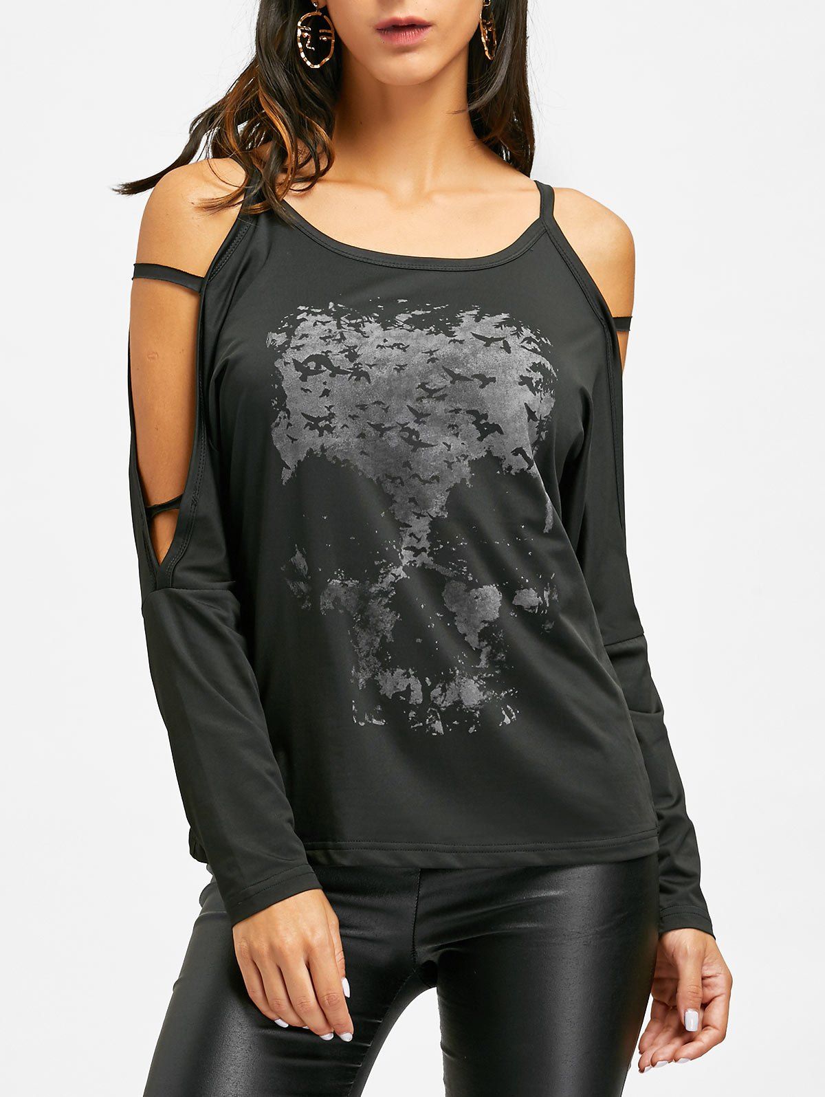 

Cold Shoulder Bat Skull Print T-shirt, Black