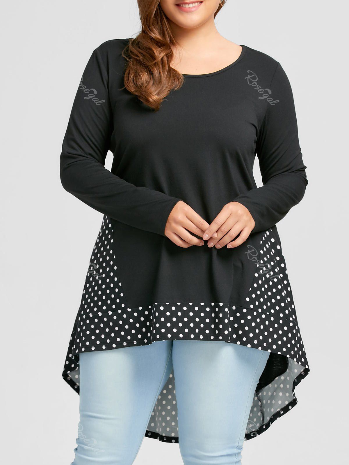 

Plus Size Polka Dot Monochrome Dip Hem Top, Black