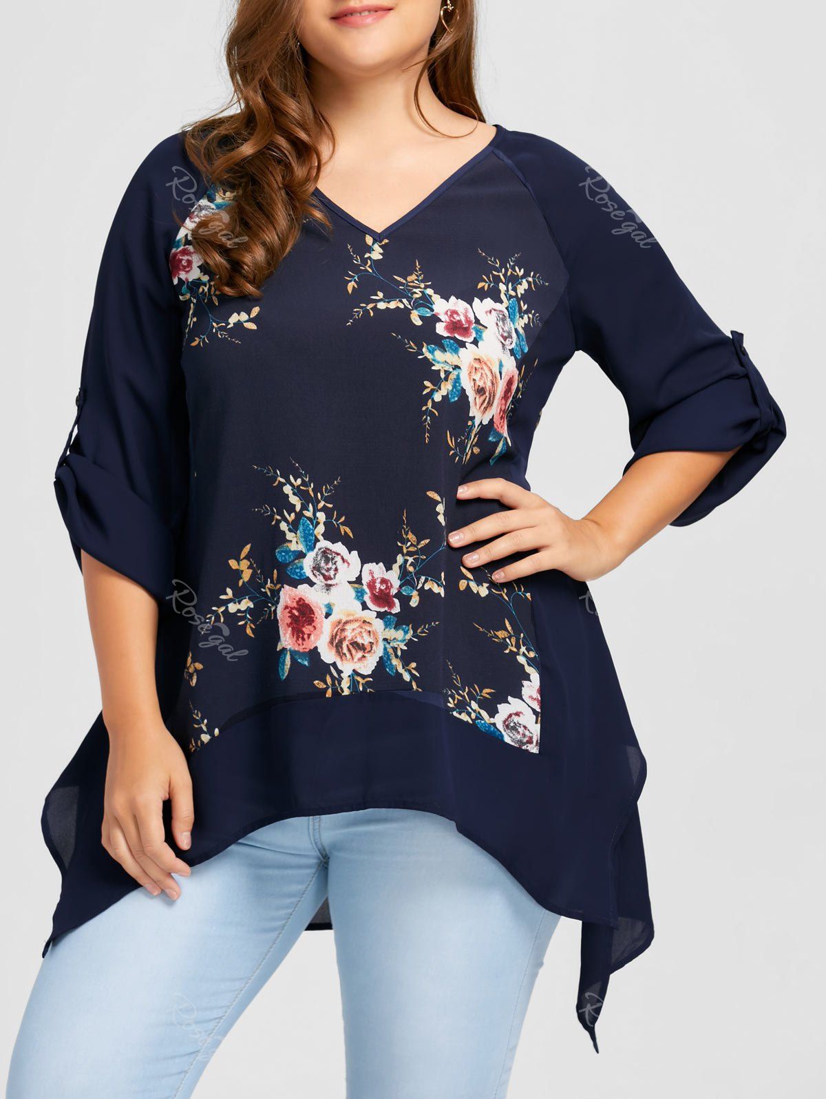 

Plus Size V Neck Floral Blouse, Cadetblue