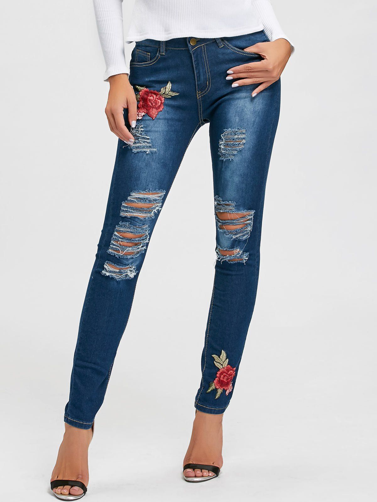 [29% OFF] Rose Embroidered Ripped High Waisted Jeans | Rosegal