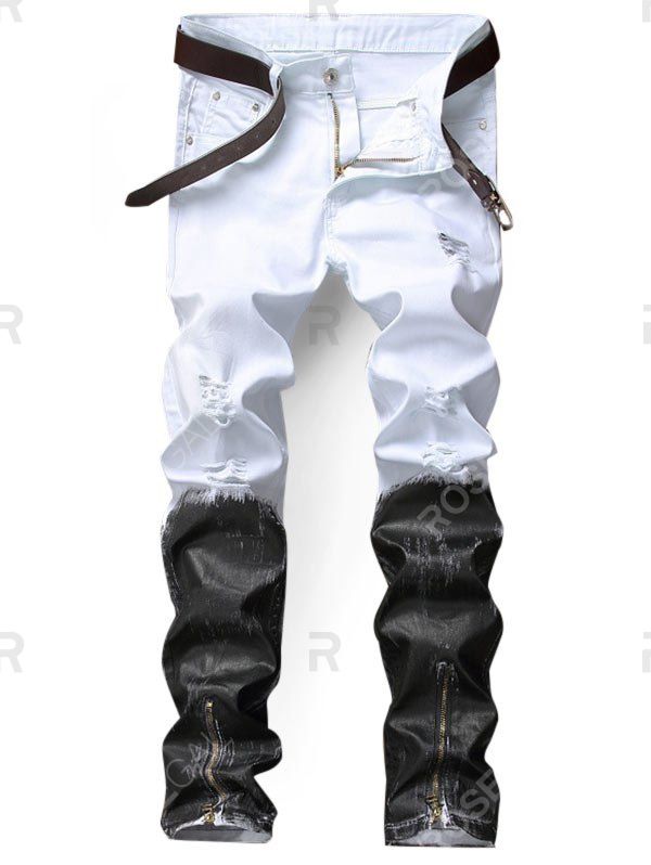 

Zip Hem Distressed Two Tone Jeans, White