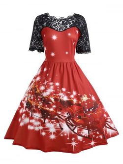 Plus Size Lace Panel Midi Father Christmas Party Dress - RED - 4XL