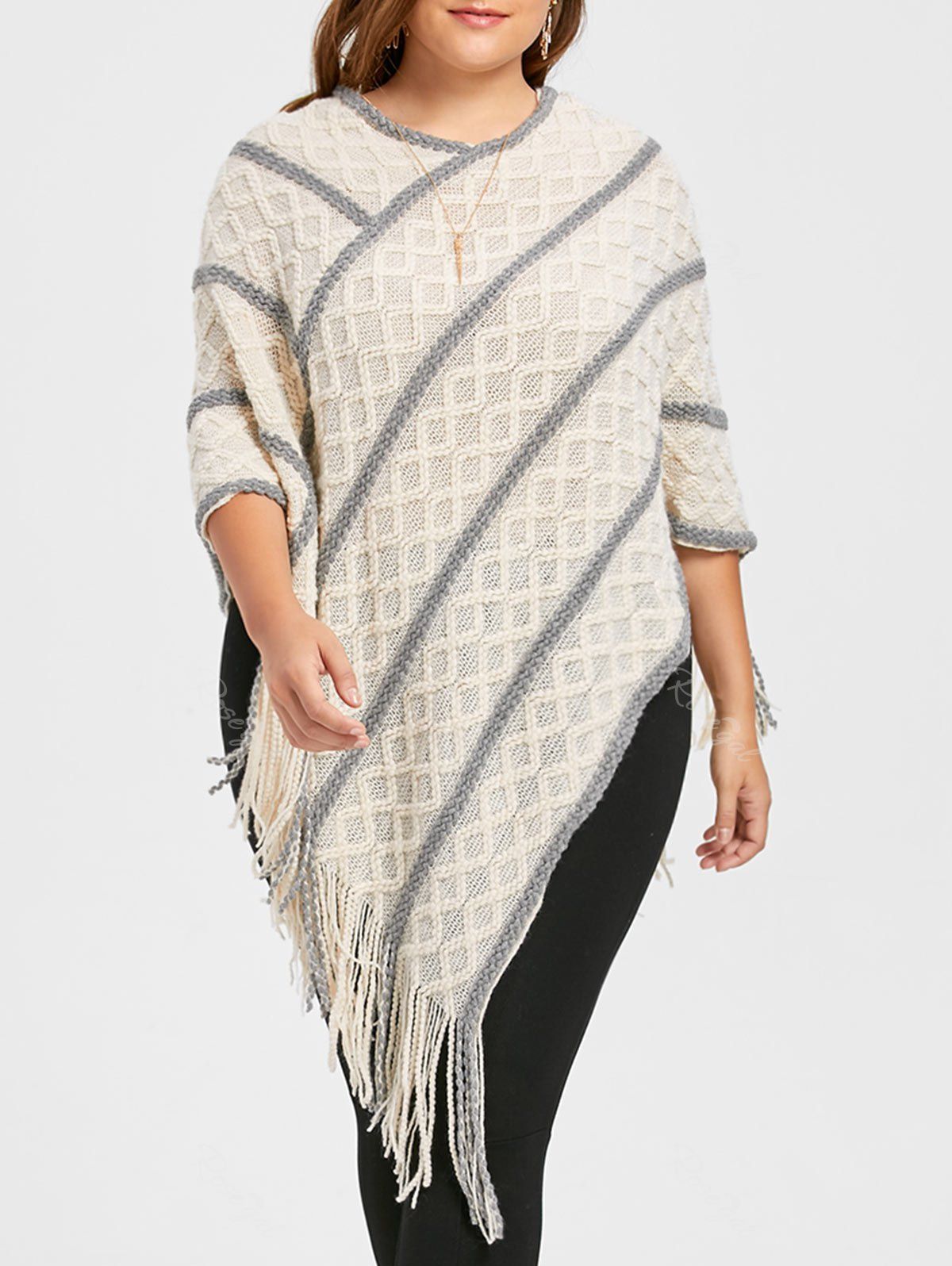 

Asymmetric Plus Size V-neck Fringe Cape Sweater, Crystal cream