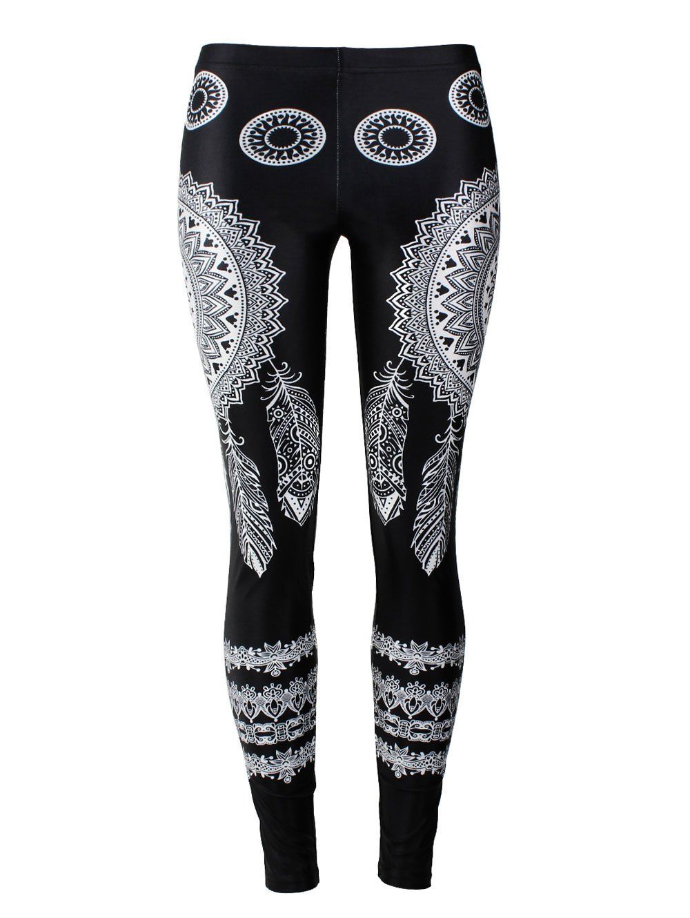 

Skinny Bohemian Feather Print Leggings, Black