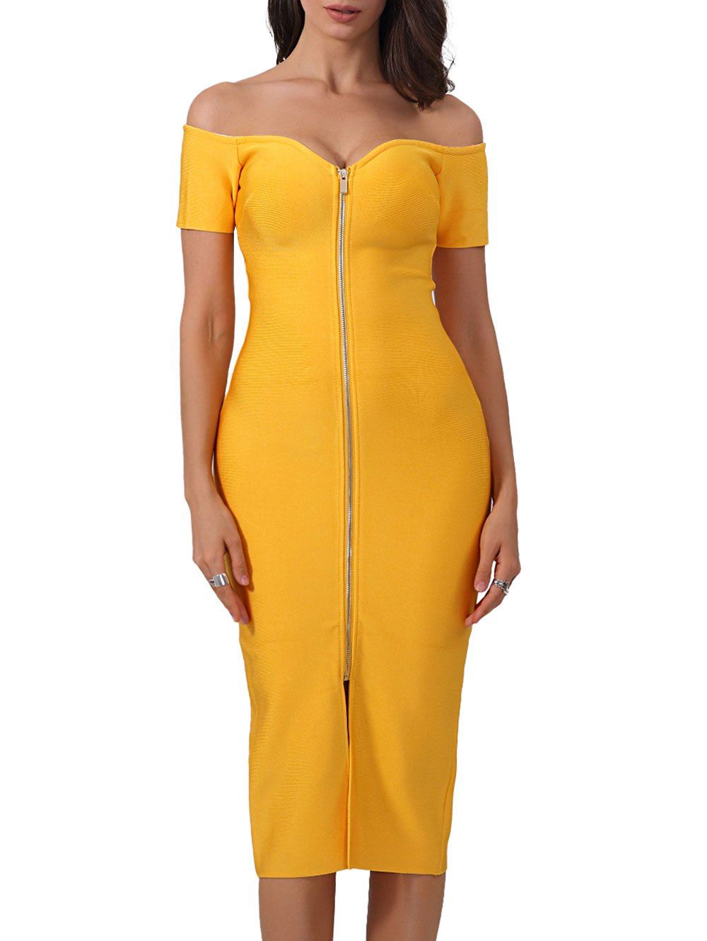 [80 OFF] Off Shoulder Front Zip Up Bandage Dress Rosegal