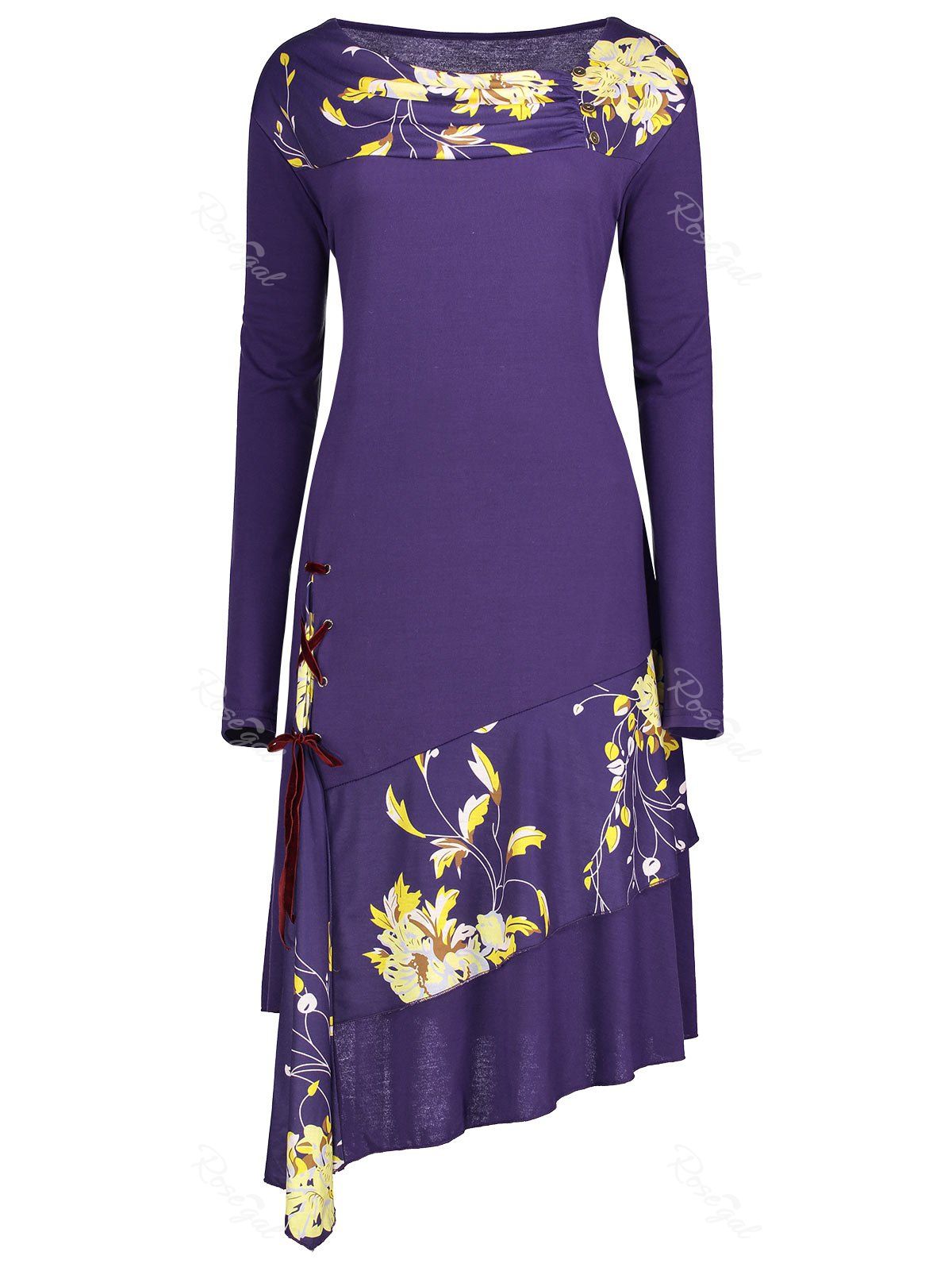 

Lace-up Floral Insert Plus Size Long Sleeve Dress, Purple