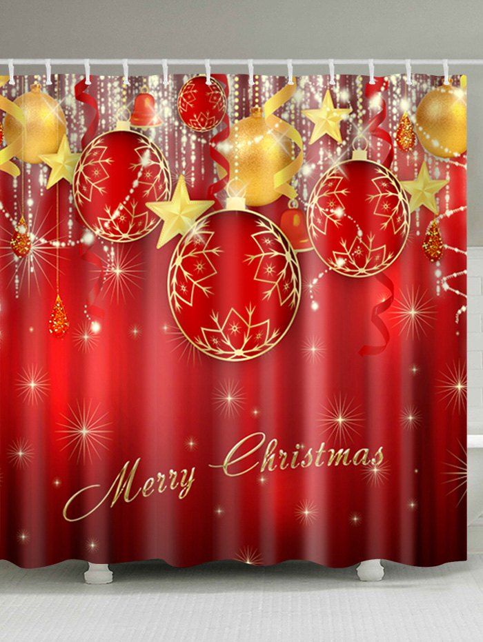 

Christmas Baubles Star Print Waterproof Bathroom Shower Curtain, Red