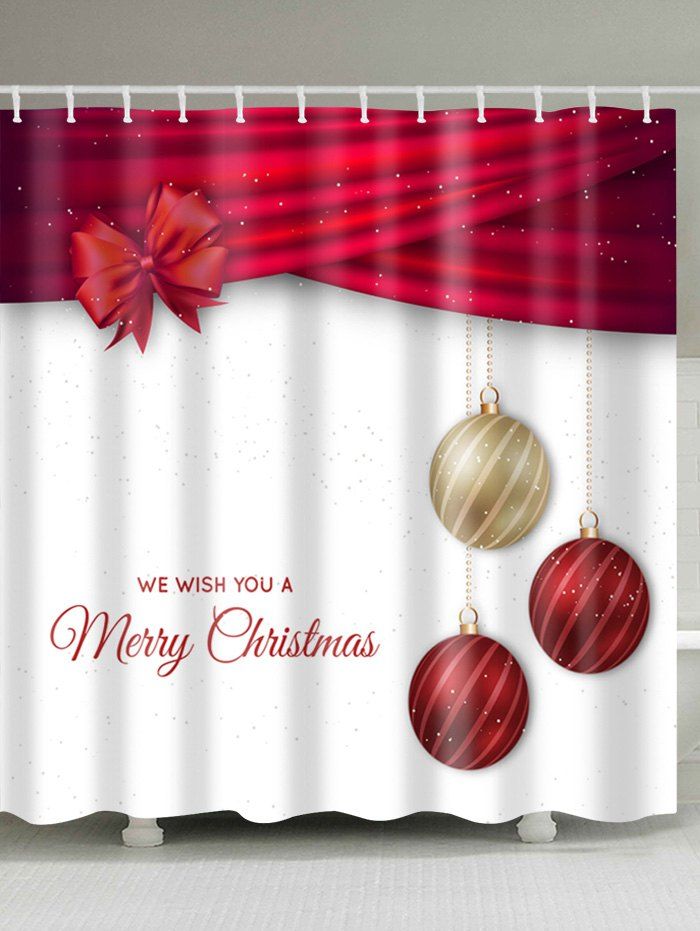 

Christmas Ball Print Polyester Waterproof Bath Curtain, Red and white