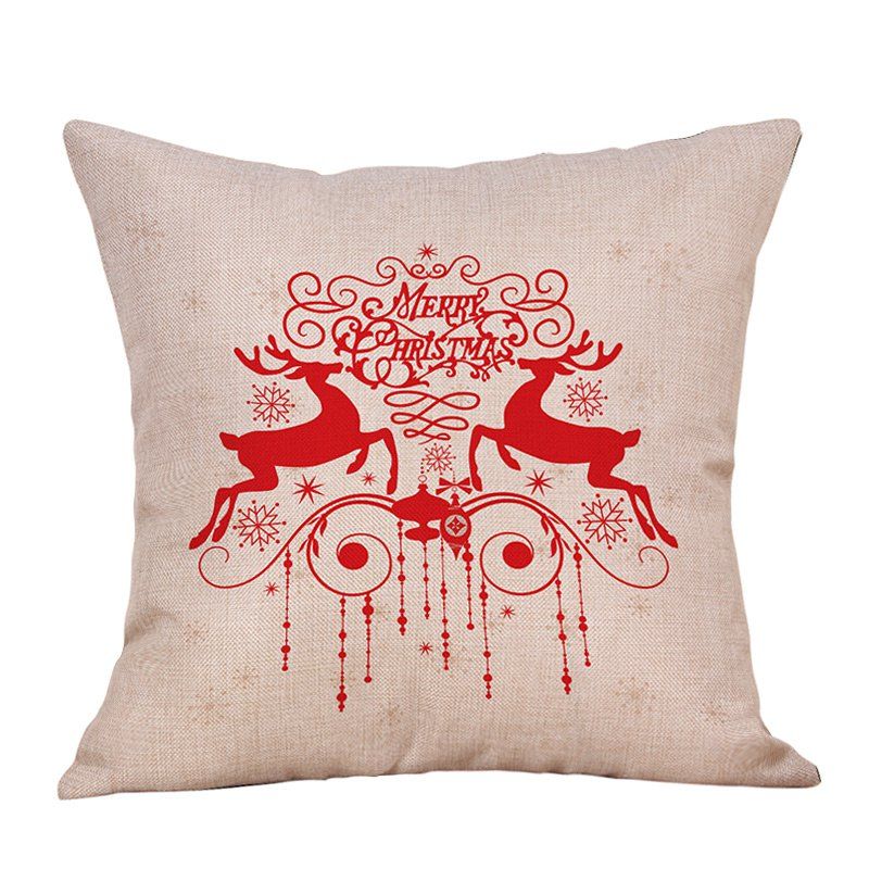 

Merry Christmas Deers Print Decorative Linen Pillowcase, Red