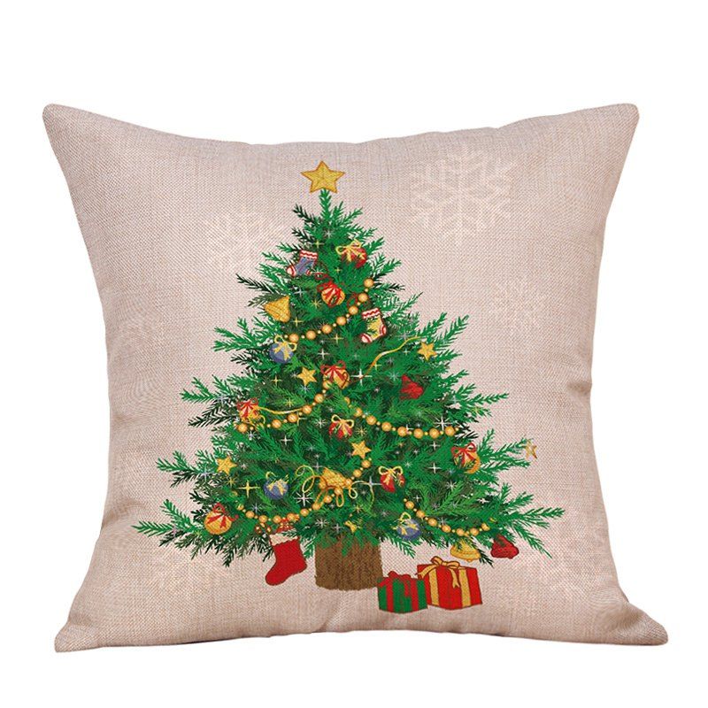 

Christmas Tree Gifts Print Decorative Linen Pillowcase, Green