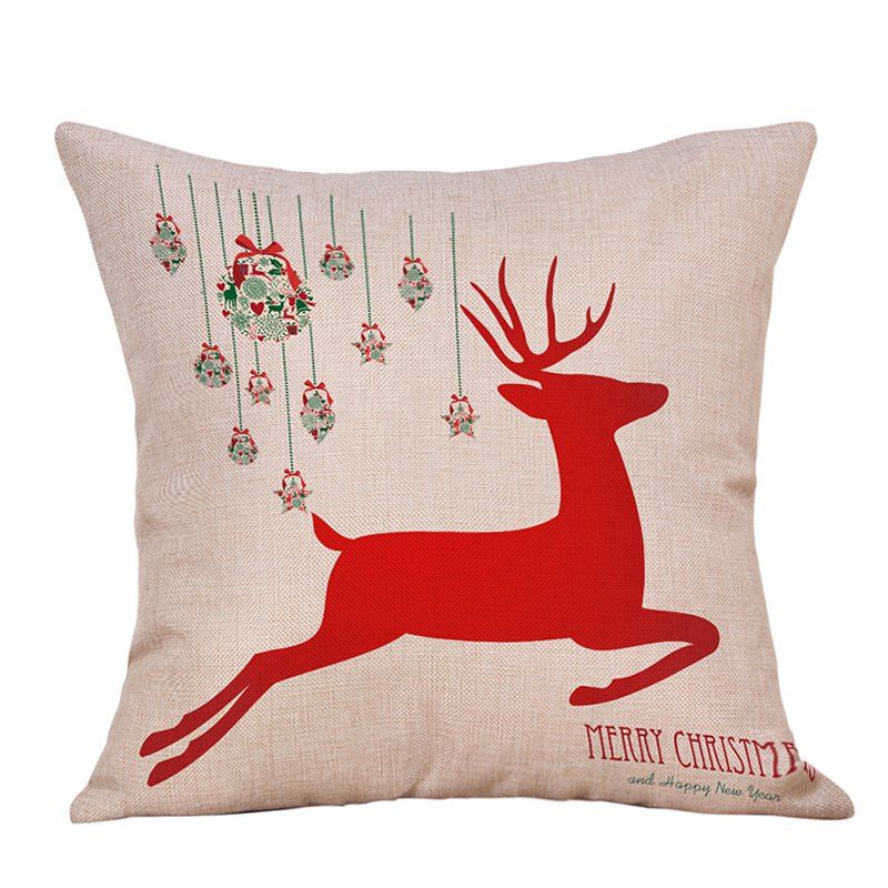 

Merry Christmas Deer Print Decorative Linen Pillowcase, Red