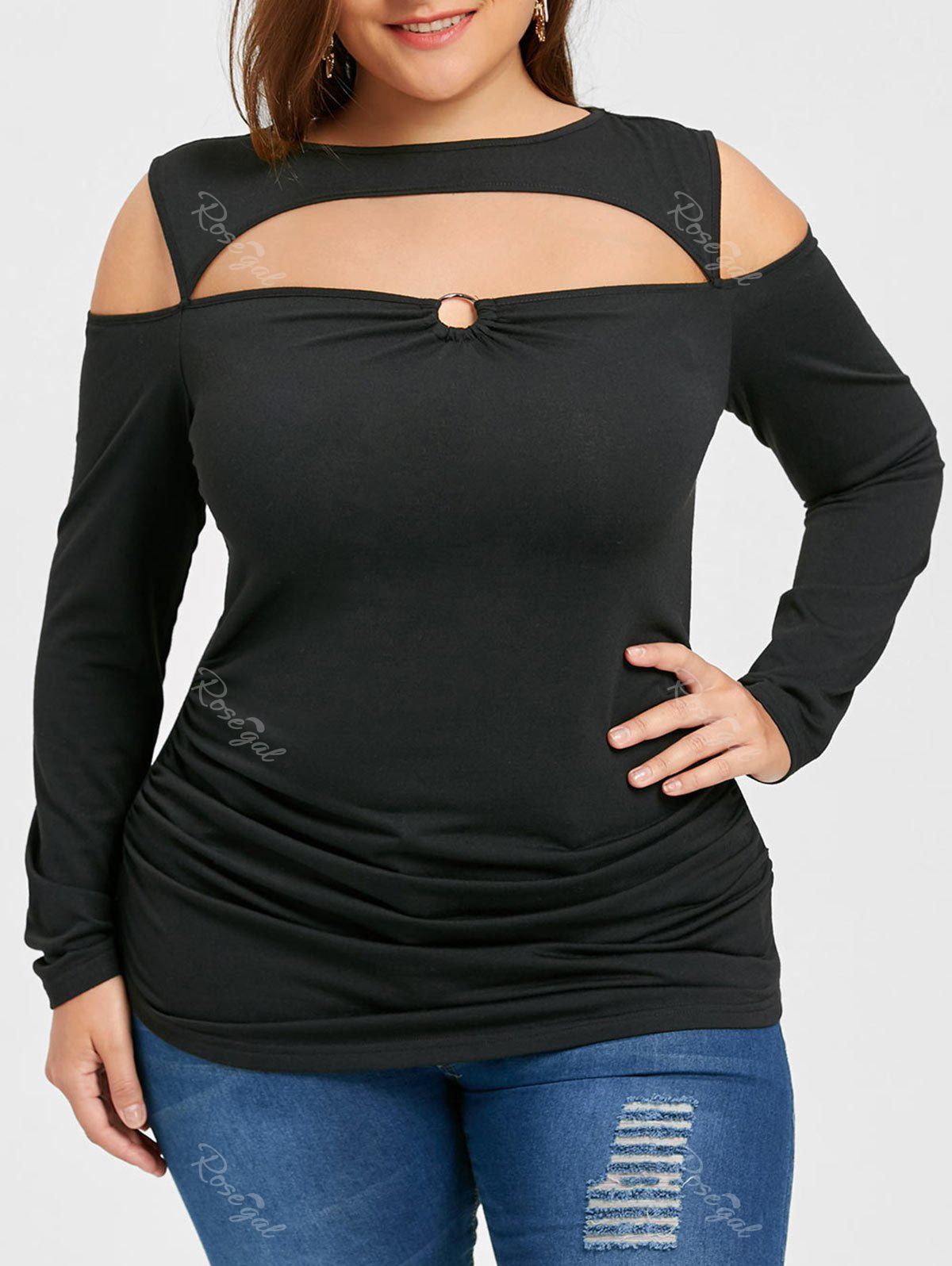 

Plus Size Ruched Long Sleeve Keyhole Top, Black