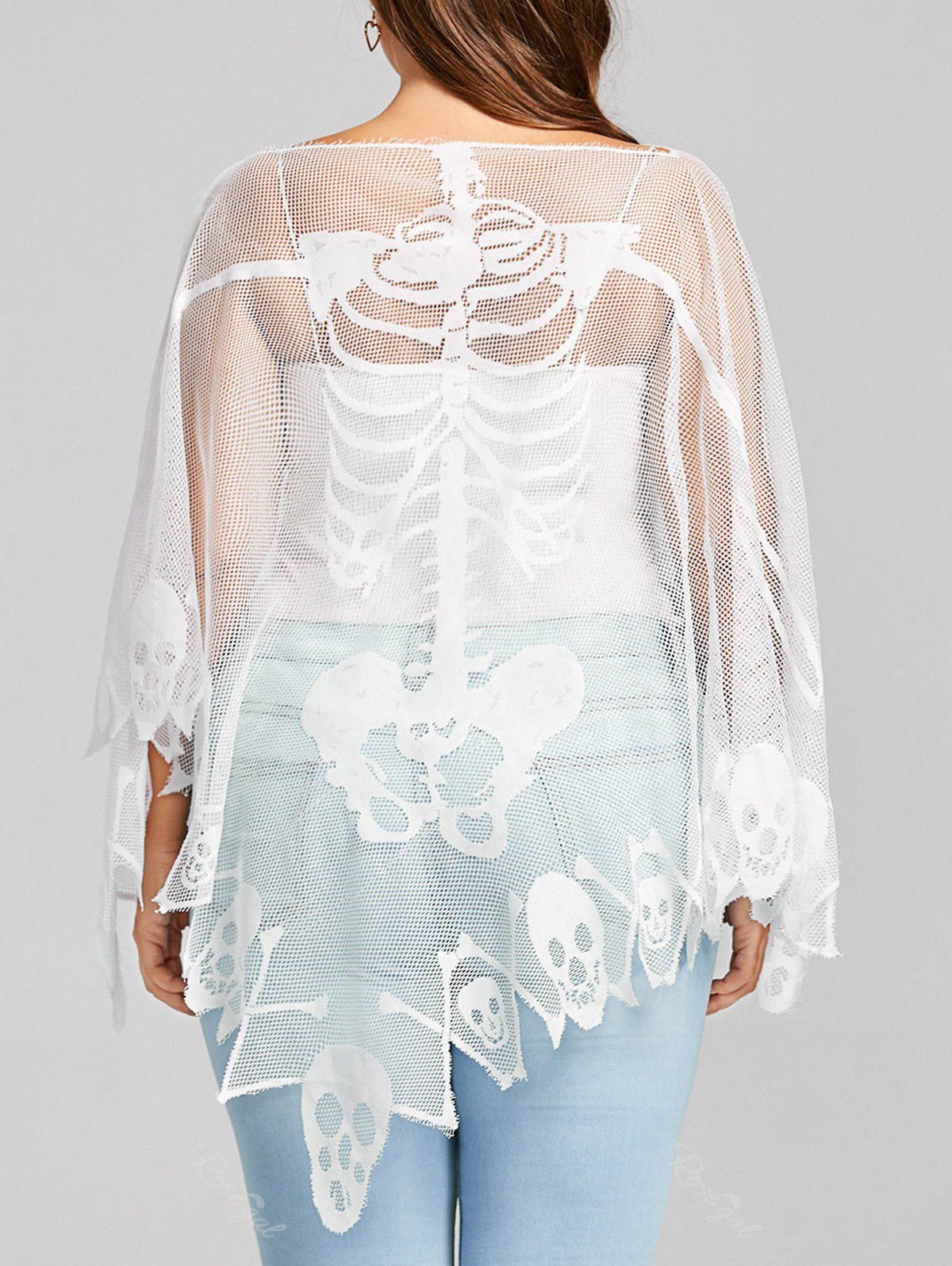 

Plus Size Batwing Sleeve Sheer Skull Mesh T-shirt, White