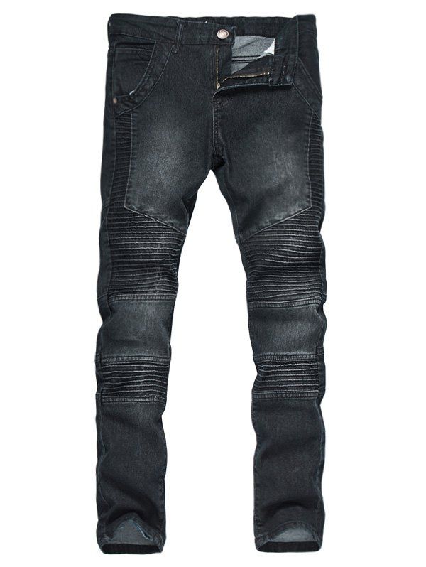 

Accordion Pleat Zipper Fly Bleached Biker Jeans, Black