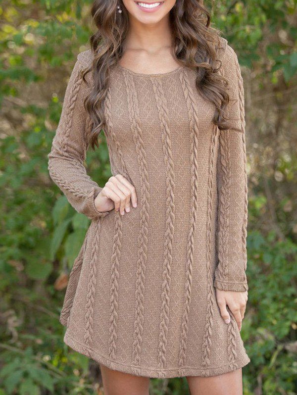 

Long Sleeve Cable knit A Line Dress, Brown