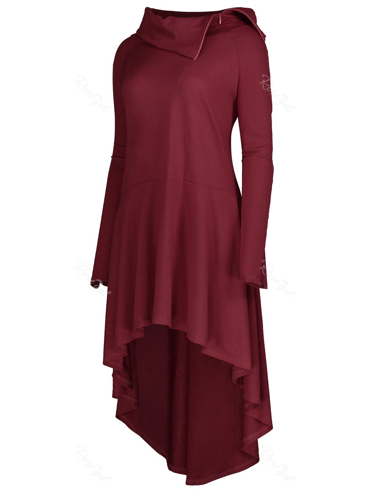 

Lapel Plus Size Lace-up High Low Hoodie, Wine red