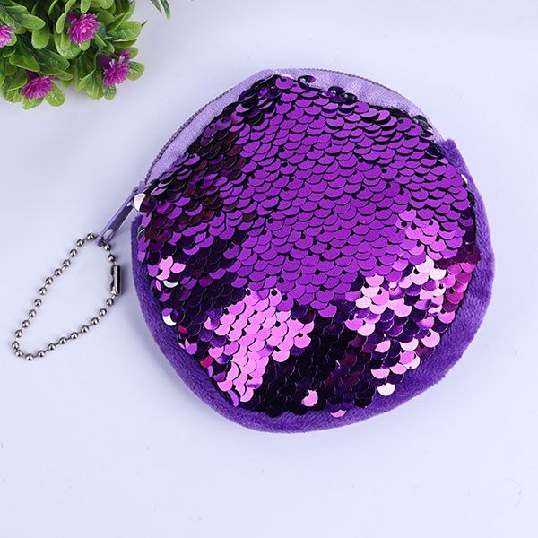 

Round Zipper Glitter Sequins Coins Purse, Purple