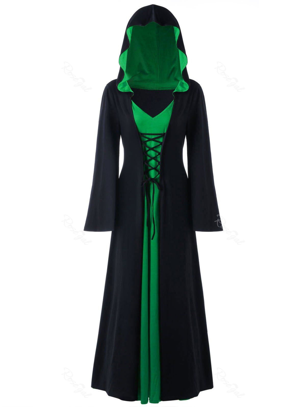 

Halloween Plus Size Lace Up Hooded Maxi Dress, Black and green