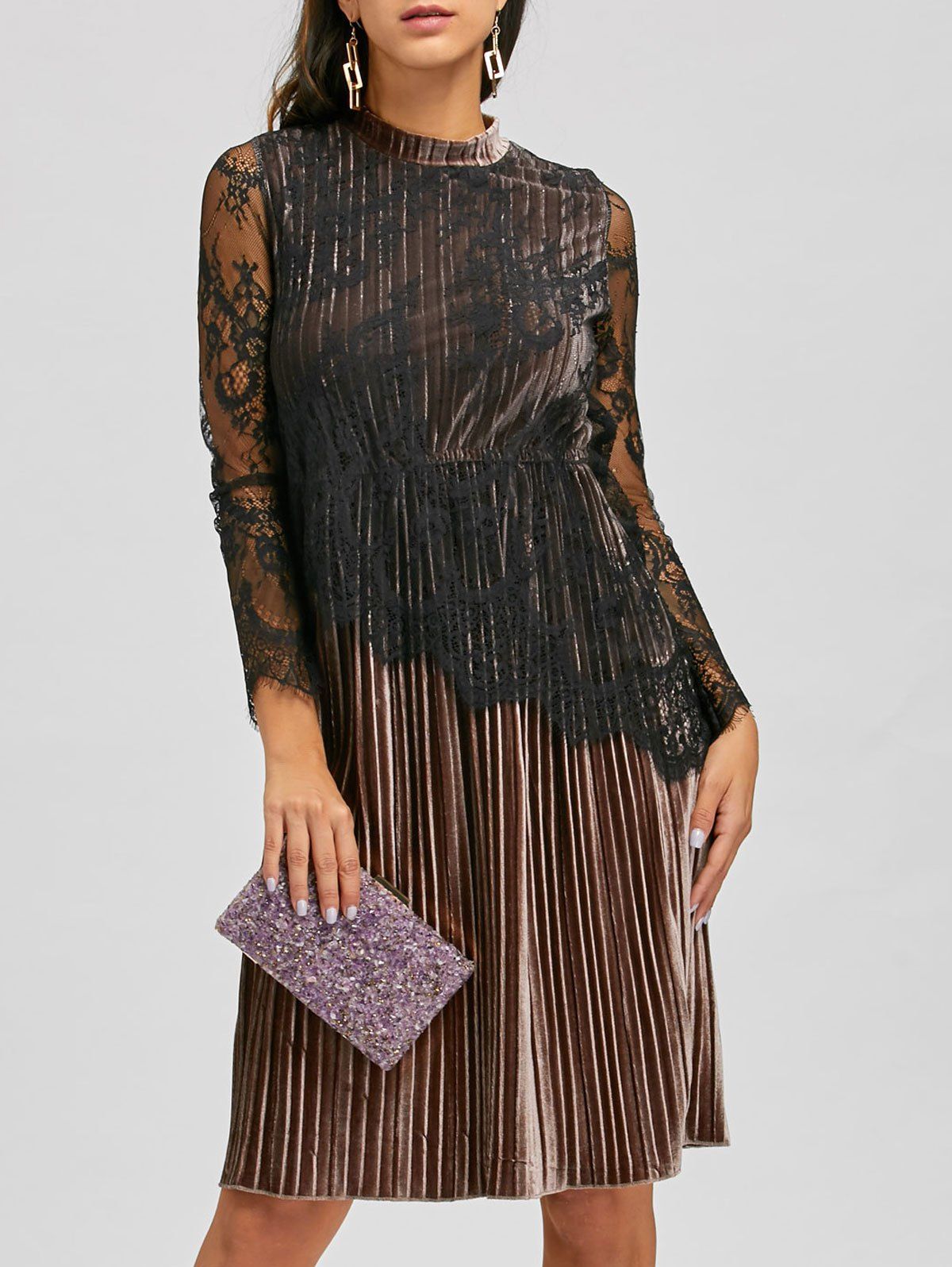 lace panel sleeve pleated dress
