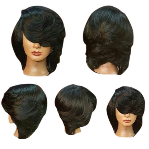 

Short Inclined Bang Straight Flip Feathered Bob Synthetic Wig, Black