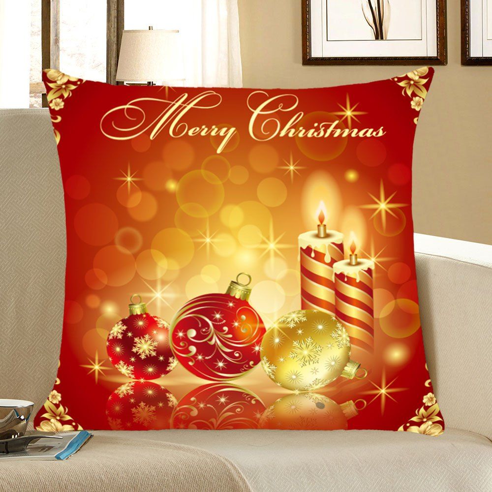 

Christmas Snowflakes Balls And Candles Printed Throw Pillow Case, Red and yellow