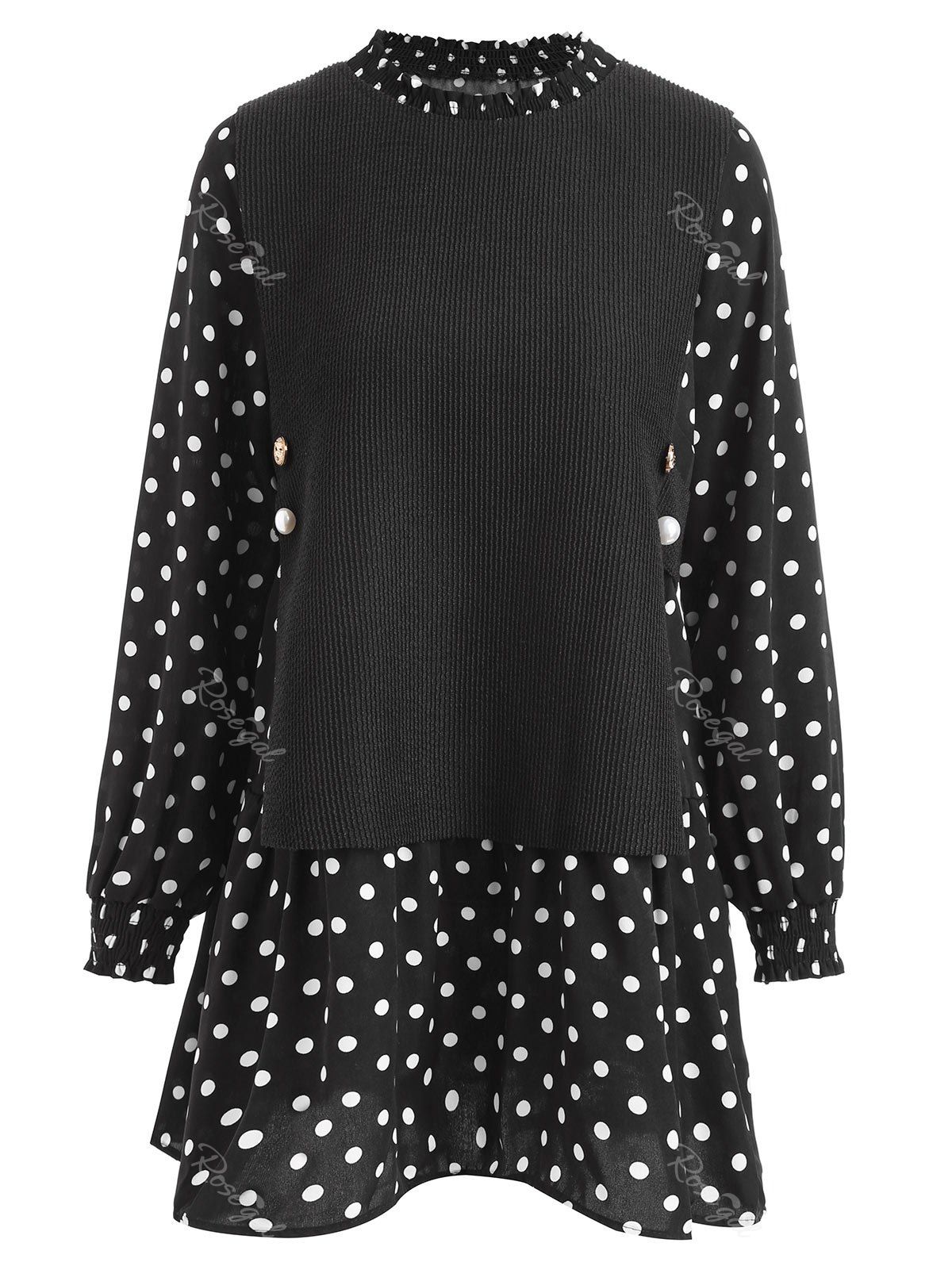 

Polka Dot Panel Plus Size Long Blouse, Black