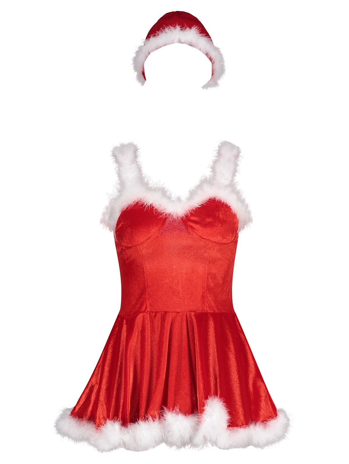 

Velvet Feather Trim Christmas Costume Dress, Red