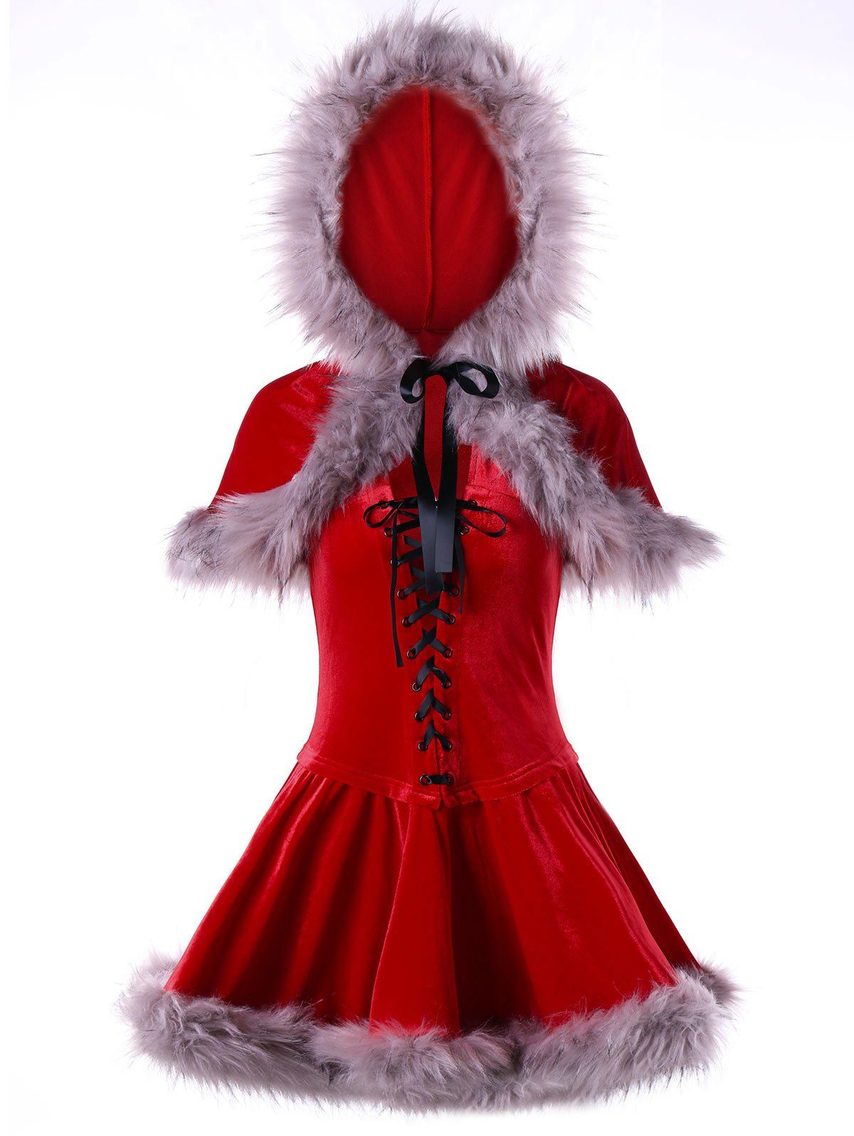 

Ugly Christmas Lace Up Velvet Cape Dress, Red