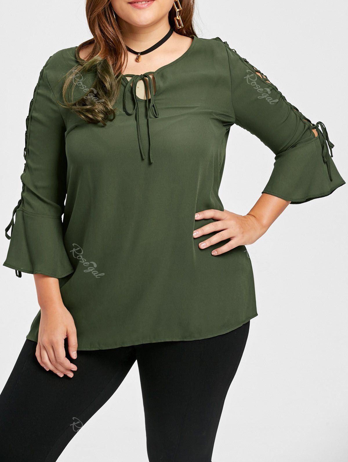 

Bell Sleeve Lace Up Plus Size Blouse, Olive green