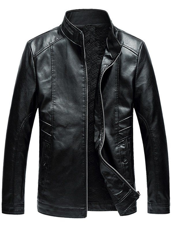 

Stand Collar Zip Up Faux Leather Jacket, Black