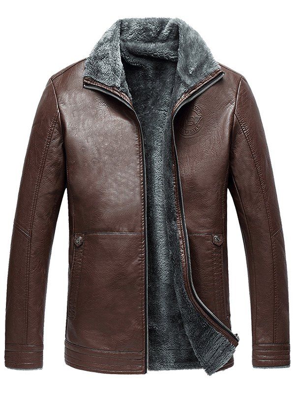 Sale Casual Zip Up Flocking Faux Leather Jacket  