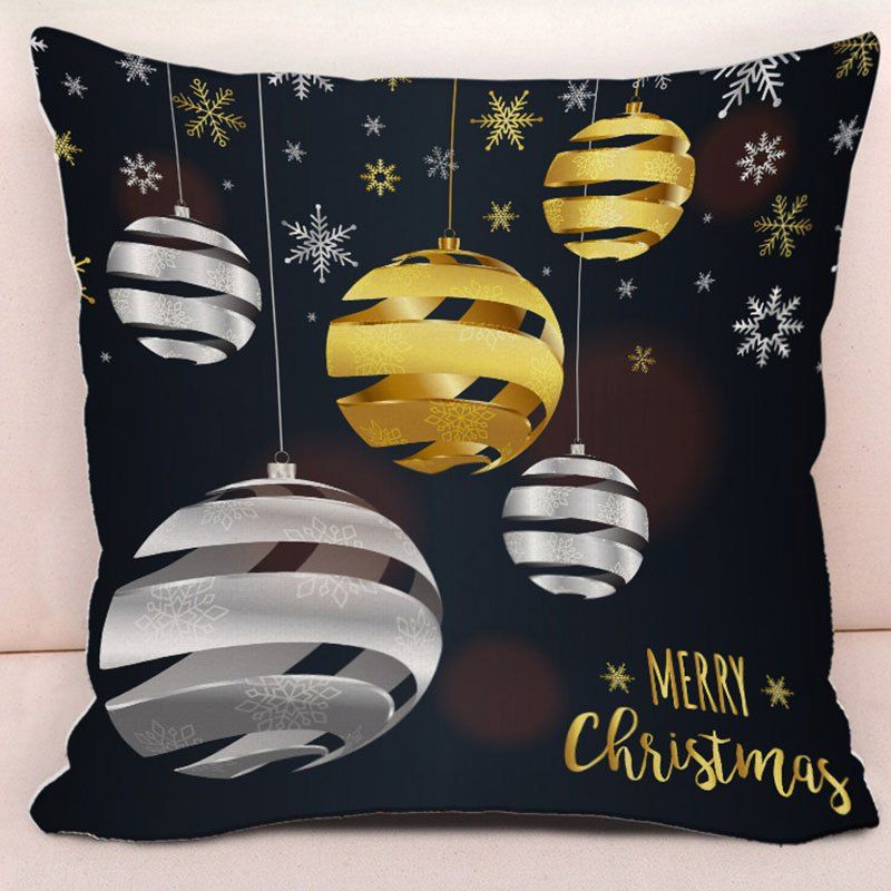 

Merry Christmas Ball Snowflake Printed Pillowcase, Black
