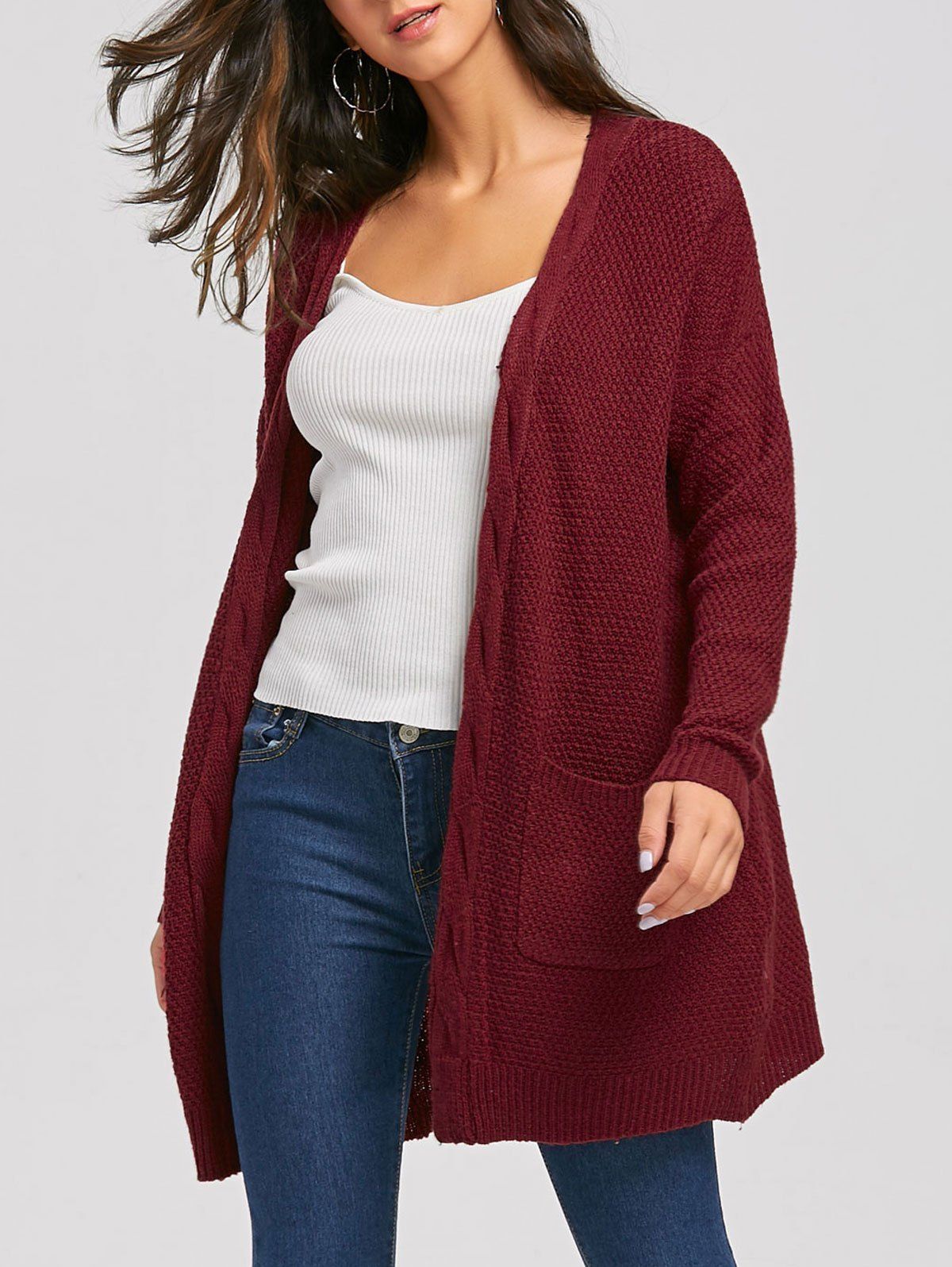 Wine Red One Size Long Chunky Knit Sweater Cardigan