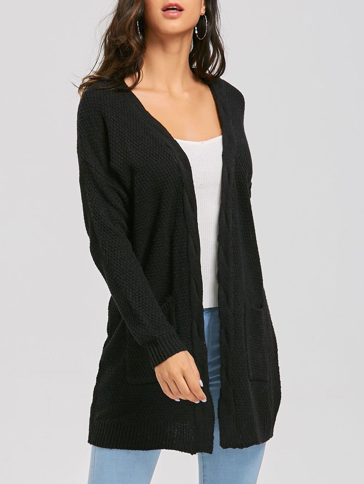 

Long Chunky Knit Sweater Cardigan, Black
